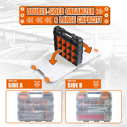 Jack Boss Tool Box with Transparent Lid, Double Side 34-Compartments Organizer Box with Removable Dividers for Hardware, Screws, Bolts, Nails, Beads, Jewelry and Fishing Accessories, Orange, 2 Pack