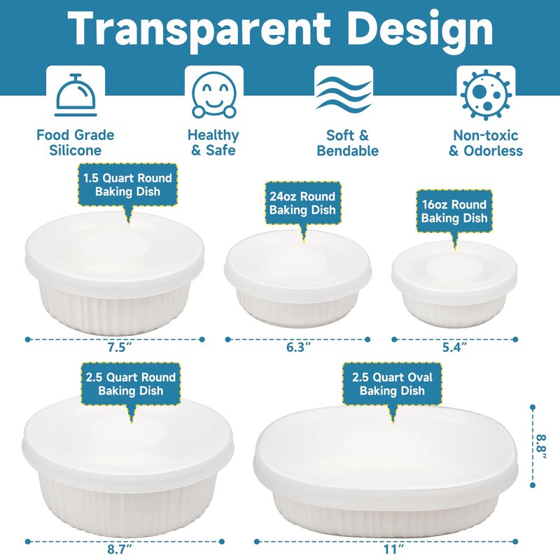Purekra Silicone Lids for CorningWare 16 Ounce Round Dish, 2 Pack Reusable Covers for CorningWare F-16-PC French White Baking Dish (Dishes not Included) Dishwasher & Microwave & Freezer Safe
