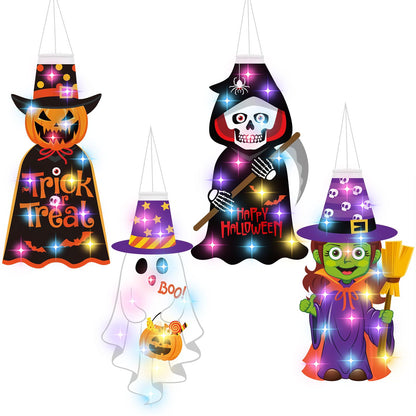 Amyhill 4 Pcs Halloween Windsocks with LED Lights Outdoor Decoration Pumpkin Ghost Skeleton Witch 40 Windsock Flag Hanging Decorations for Yard Tree Porch Garden Patio Halloween Party Supplies