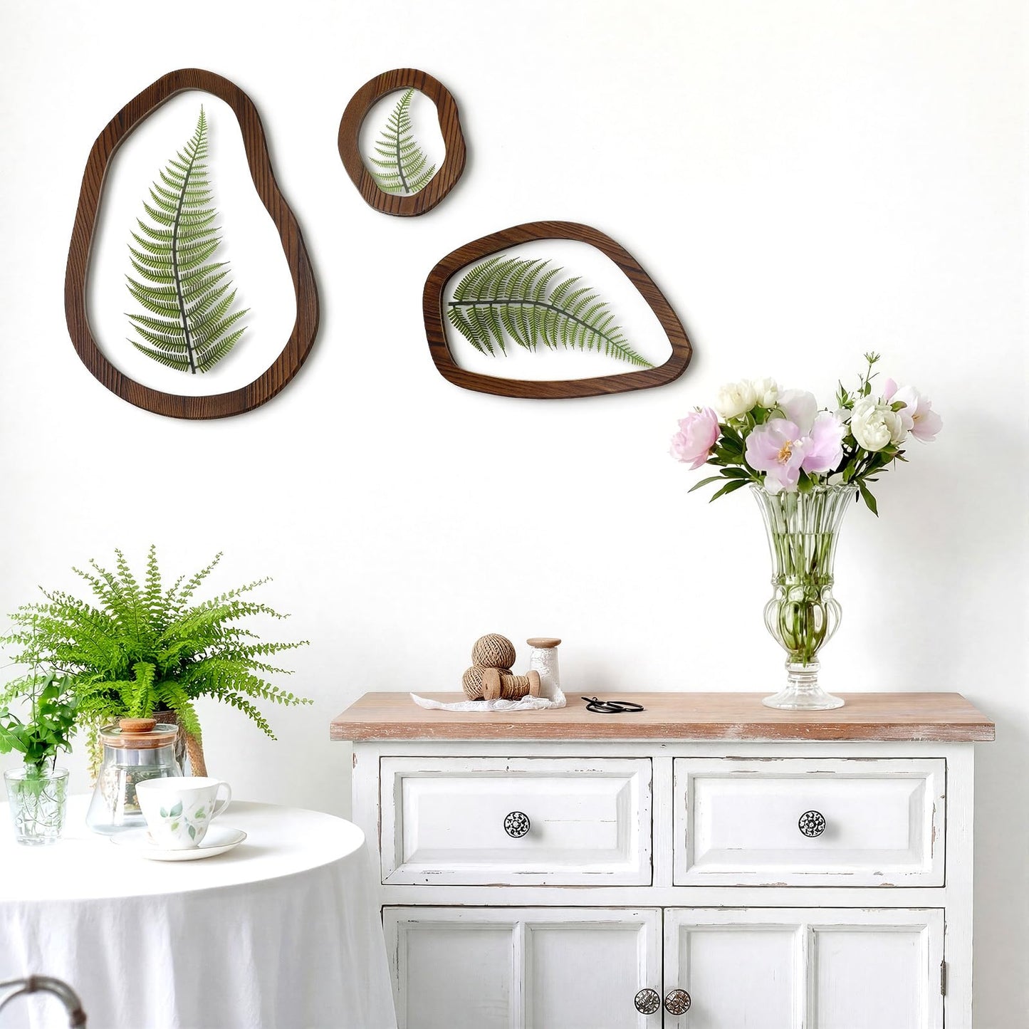Lineshading Pressed Fern Wall Decor Set of 3, Irregular Wooden Frame with Preserved Ferns Double Glass, Rustic Botanical Wall Art for Bedroom Living Room Office, Housewarming Gift