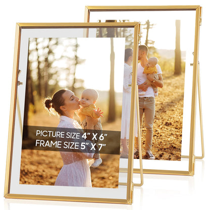 Jajamy Gold Floating Picture Frame Set of 2, Tempered Glass Floating Frames 5x7, Gold Picture Frame for Multi Size Photo 4 x 6, 3 x 5 for Tabletop Display