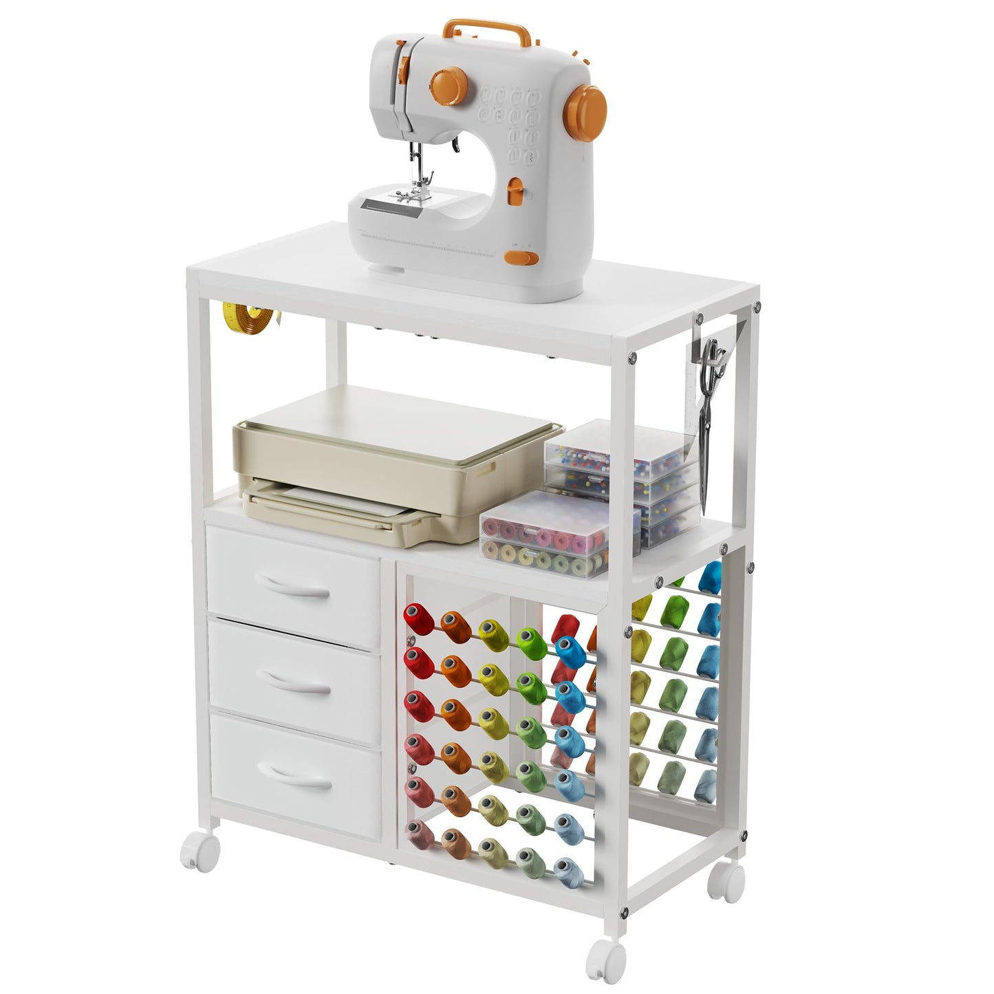 Sewing Table with 60 Spools Thread Holder and 3 Fabric Drawers, Rolling Sewing Machine Table for Storage Embroidery Machine, Rolling Craft Table Cart for Sewing Organizer, White, Patent Pending