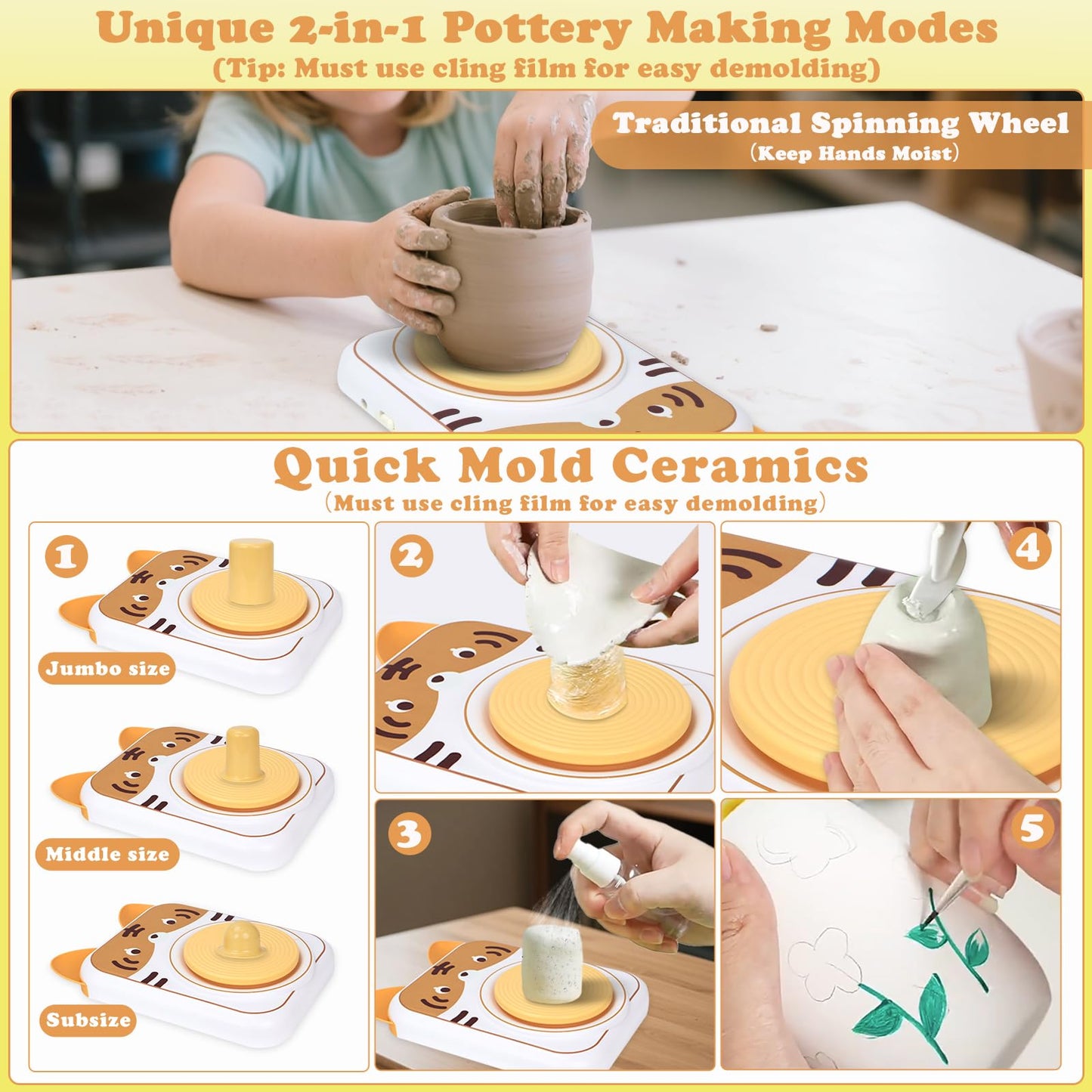 YOOIU Pottery Wheel for Kids, Art Supplies Arts & Crafts Kit, Crafts Toys for Girls 6+, Pottery Studio Craft Kit with 4 Pack Air-Dry Clay,Girls Toys Birthday Gift for Kids Ages 6 7 8 9 10 11 12+