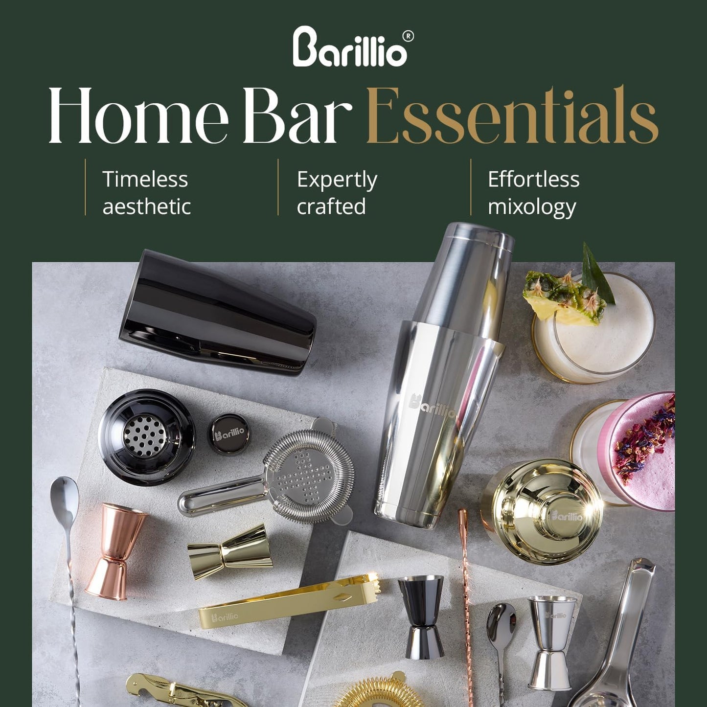 Barillio Silver Bartender Kit - Stainless-Steel Cocktail Shaker Set with Black Bamboo Stand - 23-Pc Mixology Bar Tools