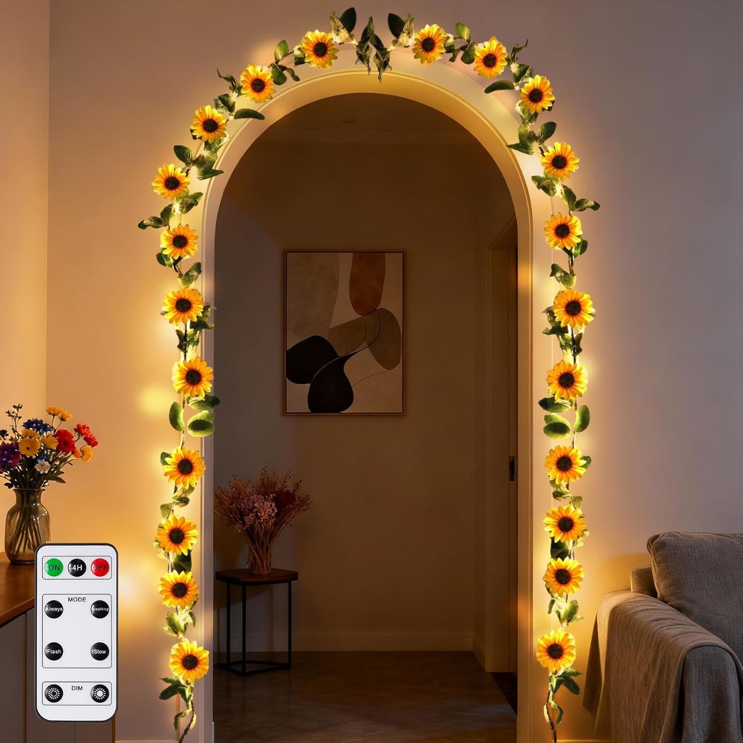 7.2ft GOESWELL Artificial Sunflower Garland with String Light: Fake SilkFlowers Vines with Green Leaves and Remote