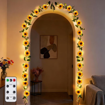 7.2ft GOESWELL Artificial Sunflower Garland with String Light: Fake SilkFlowers Vines with Green Leaves and Remote
