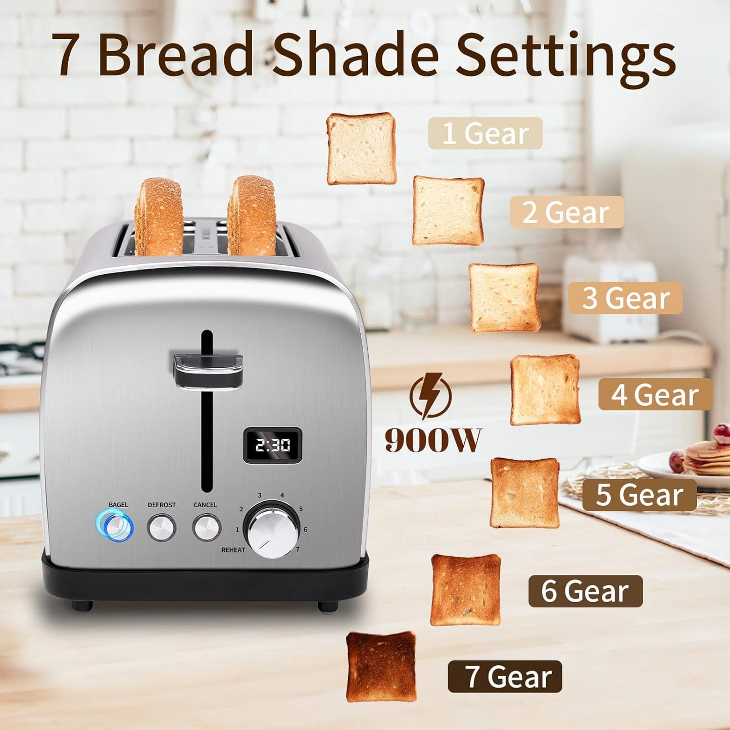 SEEDEEM 2 Slice Toaster, Stainless Steel, LCD Display, 7 Shade Settings, Digital Bagel & Defrost Function
