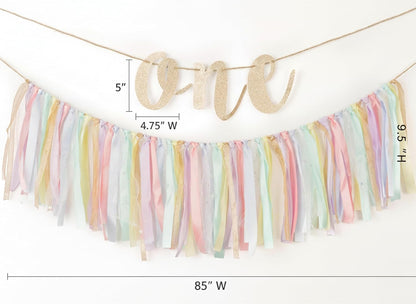 1st Set PapaKit Girls Birthday High Chair Premium Decoration - Pastel Rainbow Ribbon Garland, Crown, One Banner & Cake