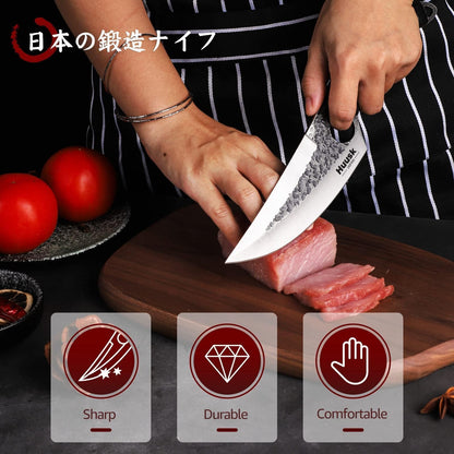 Huusk Viking Knife with Sheath Boning Knives for Meat Cutting, Caveman Ultimo Knives Hand Forged Full Tang Knives for Kitchen or Camping Christmas Gift for Men and Women