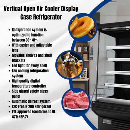 FRICOOL Food Refrigerated Display Case for Commercial Bakery Pastry Front Open Air Refrigerated Display Cooler Case, Movable Shelves and Adjustable Legs, 36~41℉ (61.4 Inches, Black)