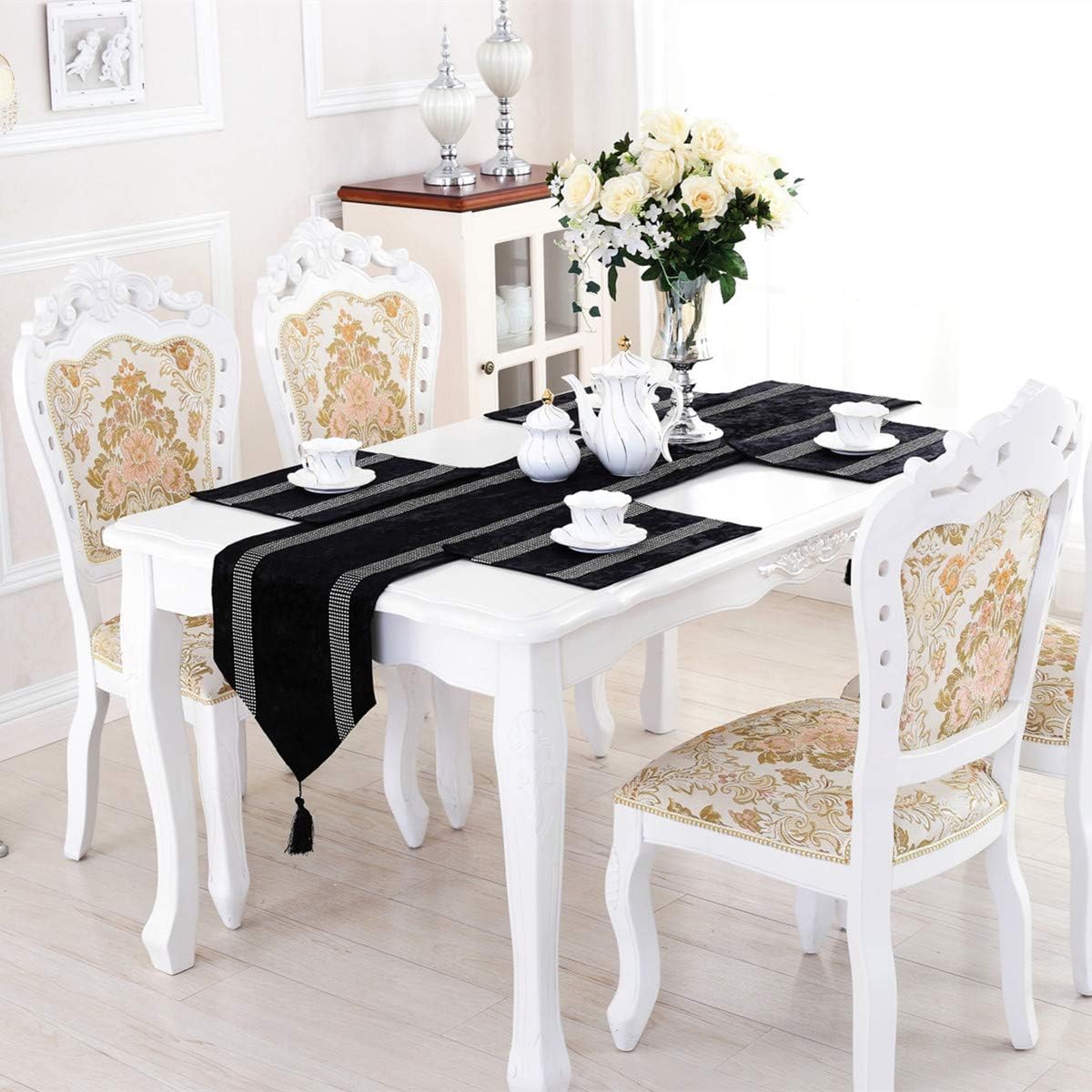San Tungus 13 84 Inch Multi-Size Elegant Table Runner with Tassels Bright Rhinestone, x for Farmhouse Long Side Desk