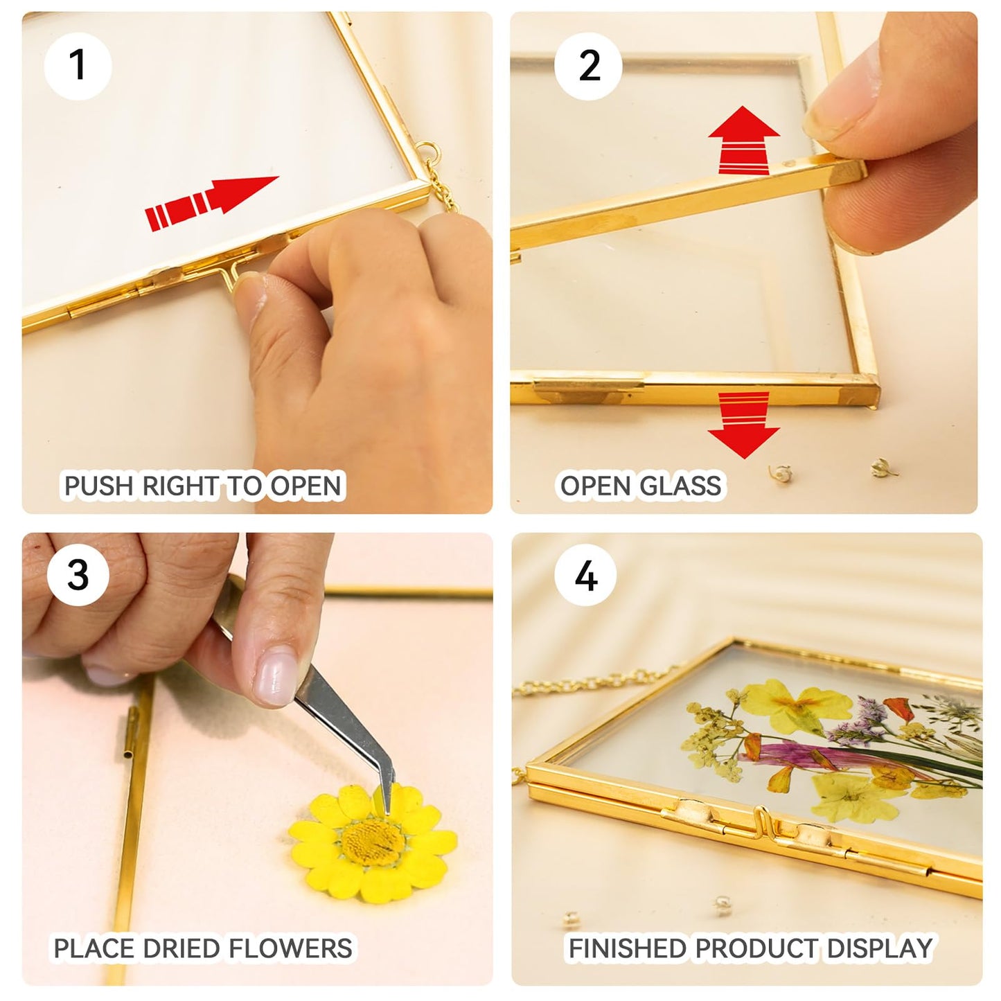 BABUFINE Pressed Flower Frames with Tweezers, Wall Hanging Double Glass Picture Frames with Chain for Dried Flowers Plants Wall Decor,Only Frame (Gold-5PCS)