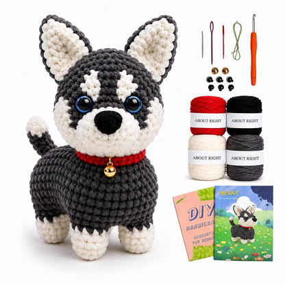 ABOUT RIGHT Crochet Kit Dog for Beginners, 7x6 Inches Husky Amigurumi Kit with Step-by-Step Video Tutorials, All-in-one DIY Animal Crochet Project for All Ages