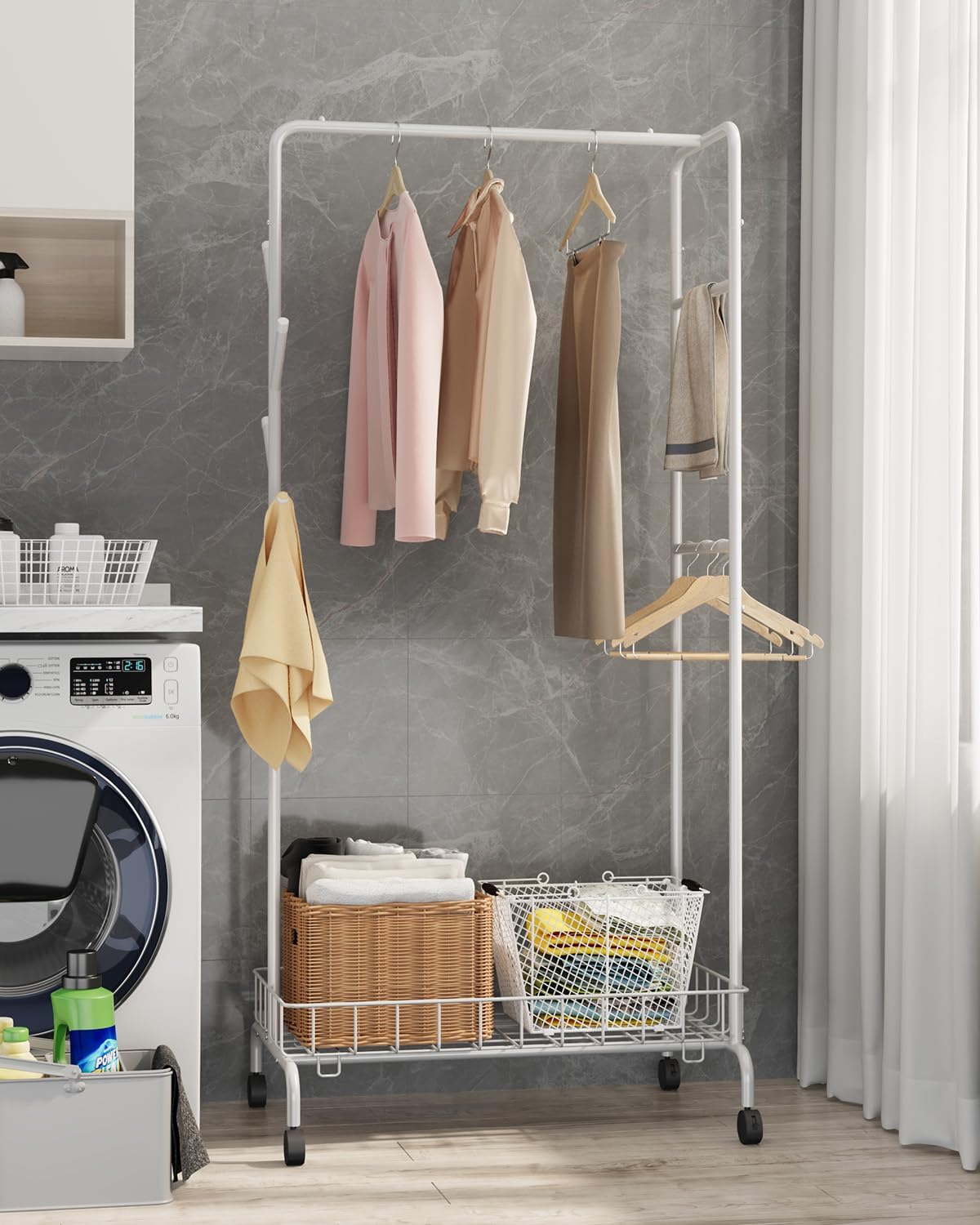 Clothes Rack, Multi-Functional Rolling Garment Rack with Metal Storage Basket and Side Flexing Bar (White)