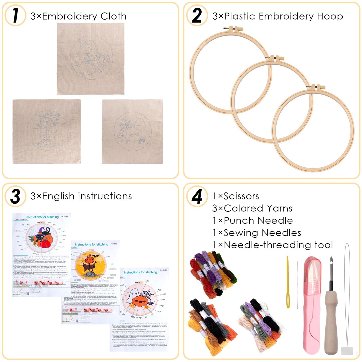 Peotclola Punch Needle Kit for Adults,3 Sets Punch Needle Kits Beginner DIY Embroidery Starter Set with Tools for Home Decoration, Family, Friends Gifts(Thanksgiving,Pumpkin)