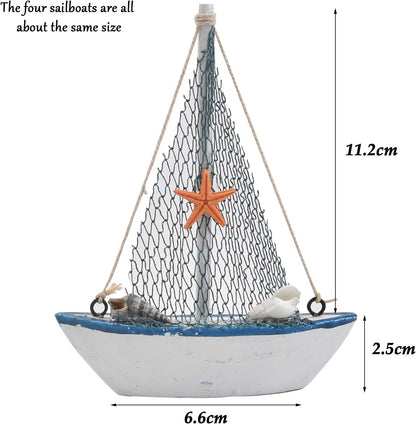 BUYGO Sailboat 4-Piece Set O Mini Model Decoration - Wooden Miniature Sailing Boat Home Decor