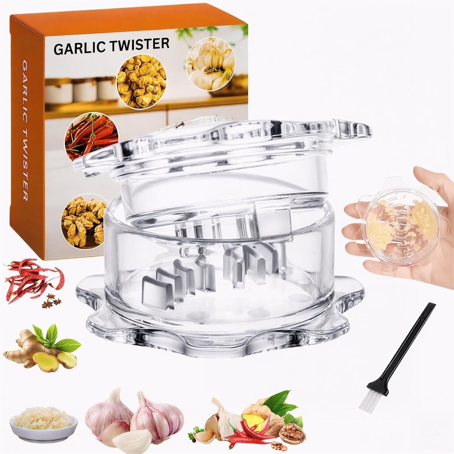 Generic Garlic Twister Kitchen Tool Manual Garlic Crusher & Ginger Grinder, Nut Chopper, Chili Pepper Mincer, Clear