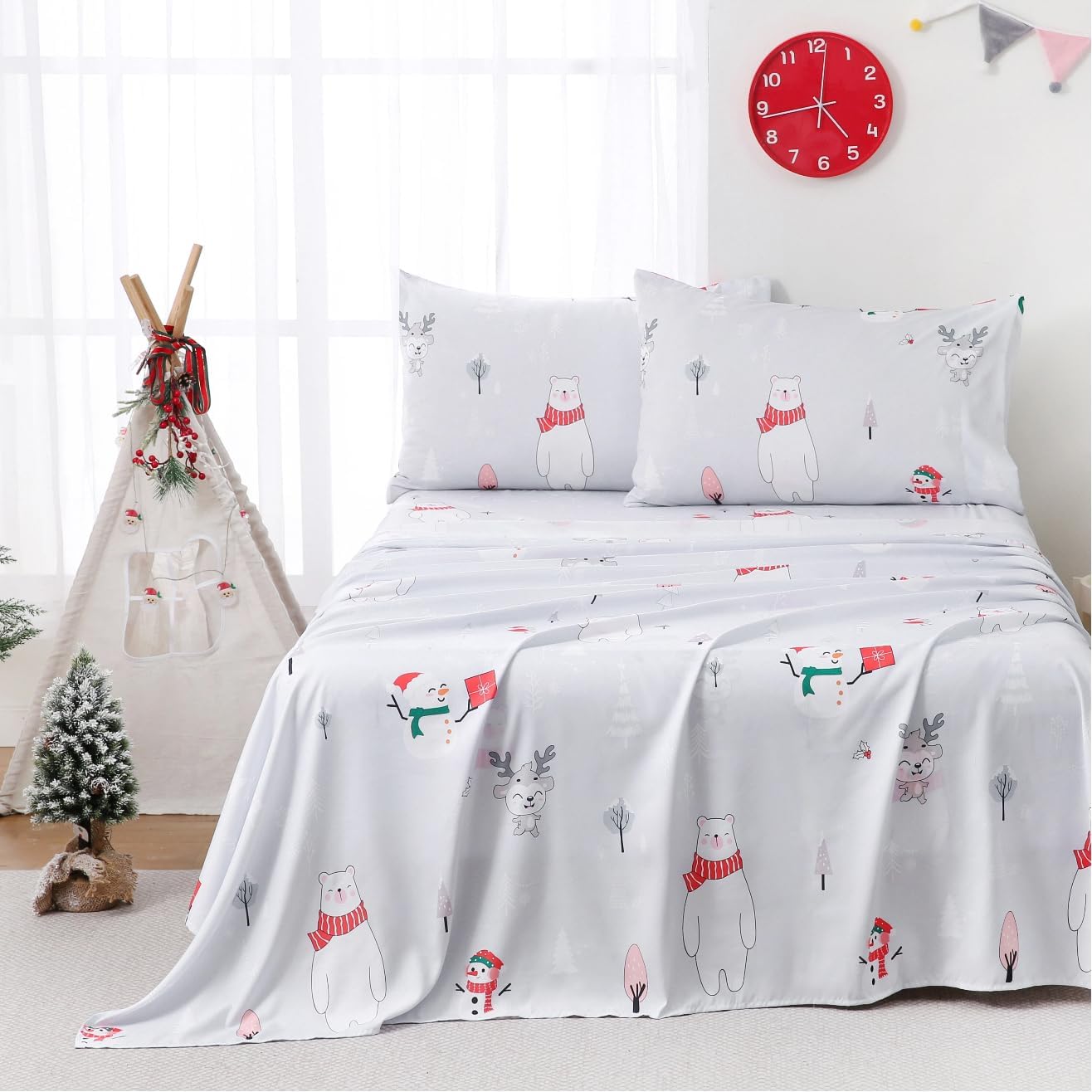 Set Sets 4 Yibeizi Kids Christmas Sheets Full Size, Light Grey Bear Snowmen Printed Sheet for Boys Girls, Cute