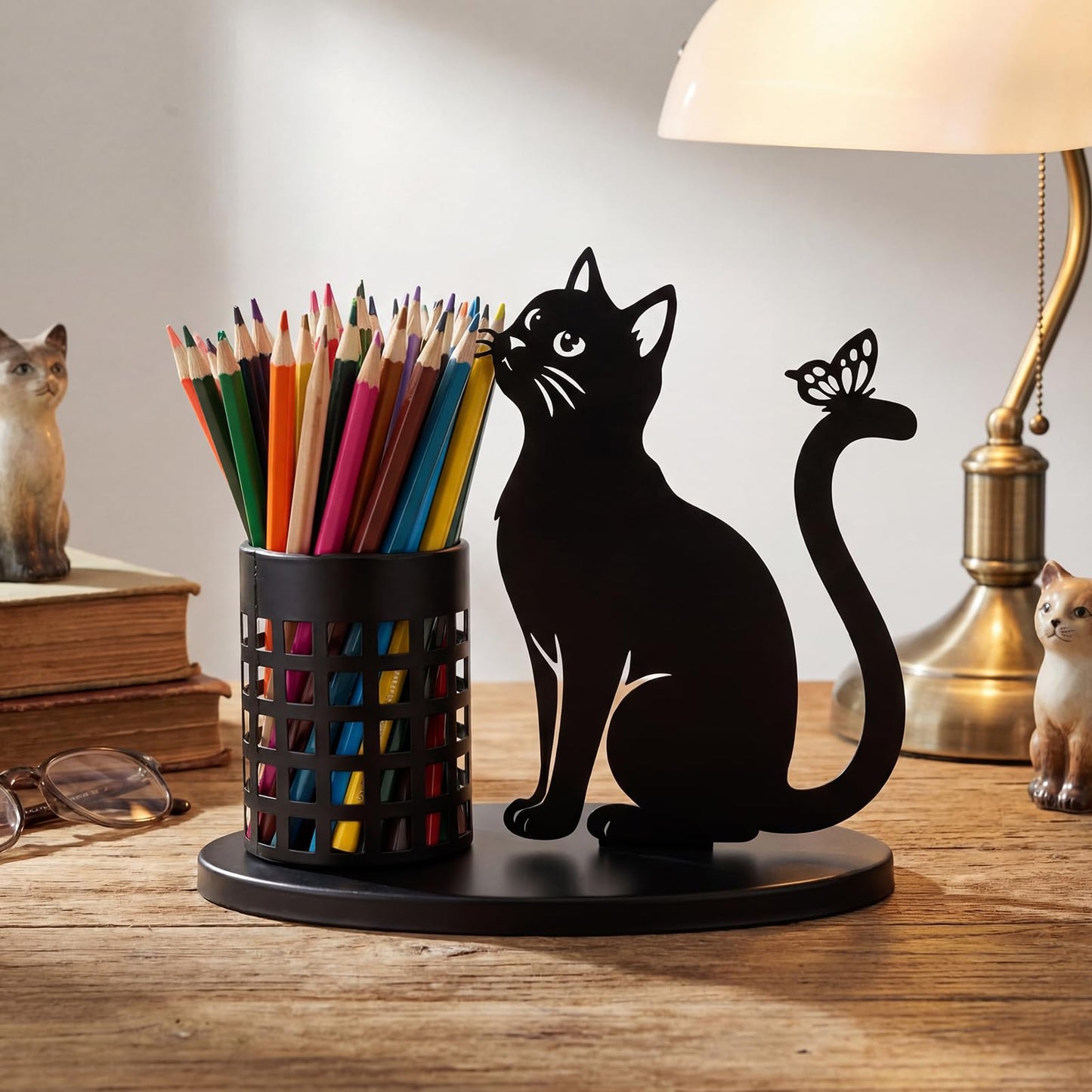 Tandefio Cat Pen Holder for Desk Cute Black Pencil Holder Metal Desk Accessories Organizer Makeup Brush Pen Cups for Back to School Stationery Office Home Decor Table Centerpiece Lover Gifts Women