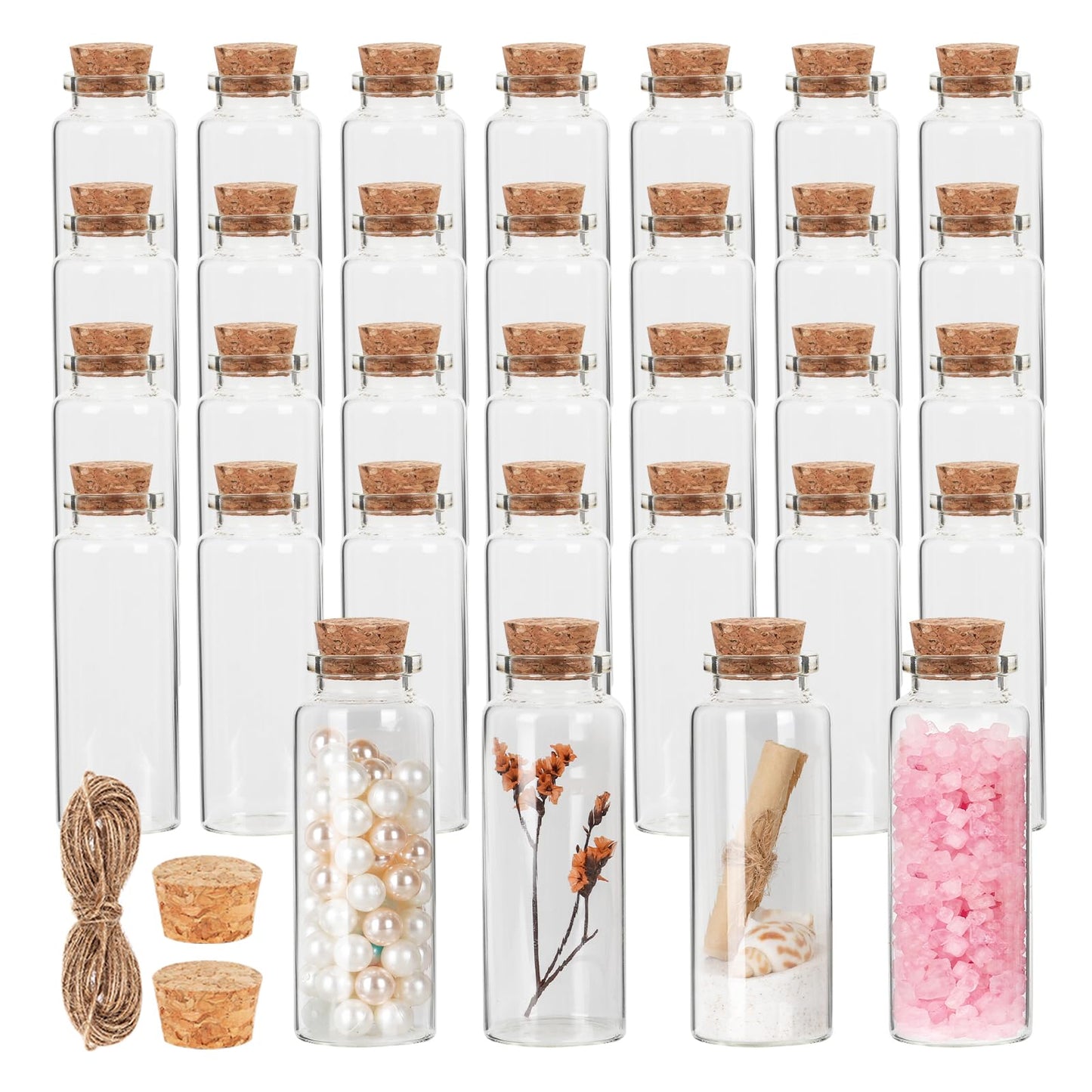 40 ml Small Glass Bottles with Cork, 32 Pack Mini Bottles with Twine & EXTRA Cork Stoppers, Small Vials with Lids, Tiny Glass Bottle, Mini Potion Bottle for Theme Party, Sand