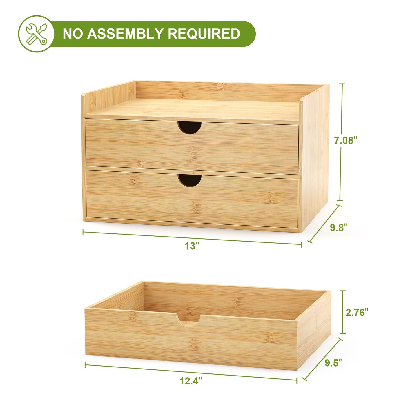 Bamboo Desk Drawer Organizer, Large Desktop Organizer with Drawers Tabletop Storage Organization Box for Office Home Toiletries Supplies Vanity, No Assembly Required (2 Drawer with Shelf)