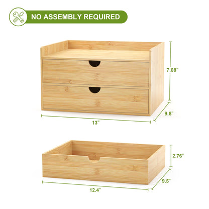 Bamboo Desk Drawer Organizer, Large Desktop Organizer with Drawers Tabletop Storage Organization Box for Office Home Toiletries Supplies Vanity, No Assembly Required (2 Drawer with Shelf)