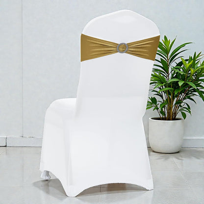 MDS Spandex Foil Chair Sashes - Universal Elastic Stretch Bands with Buckle for Weddings | Metallic Gold - Pack of 10