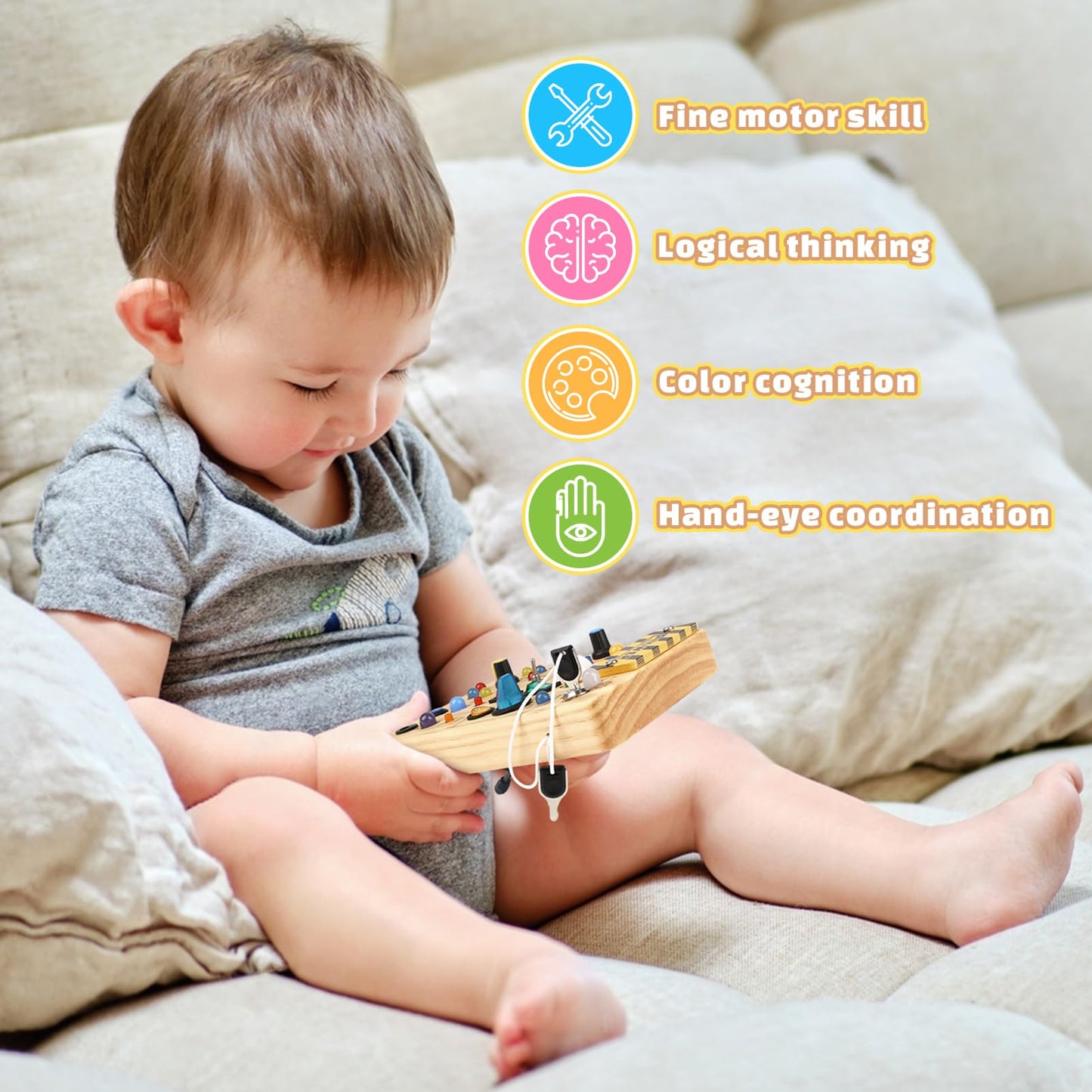 Joyreal Montessori Busy Board Wooden Sensory Toys for Toddler with LED Light Up Switch, Baby Fidget Board Travel Toys for 18+ Months, 1 2 3 Year Old Boys Girls Toddler Toy Gifts (Classic)