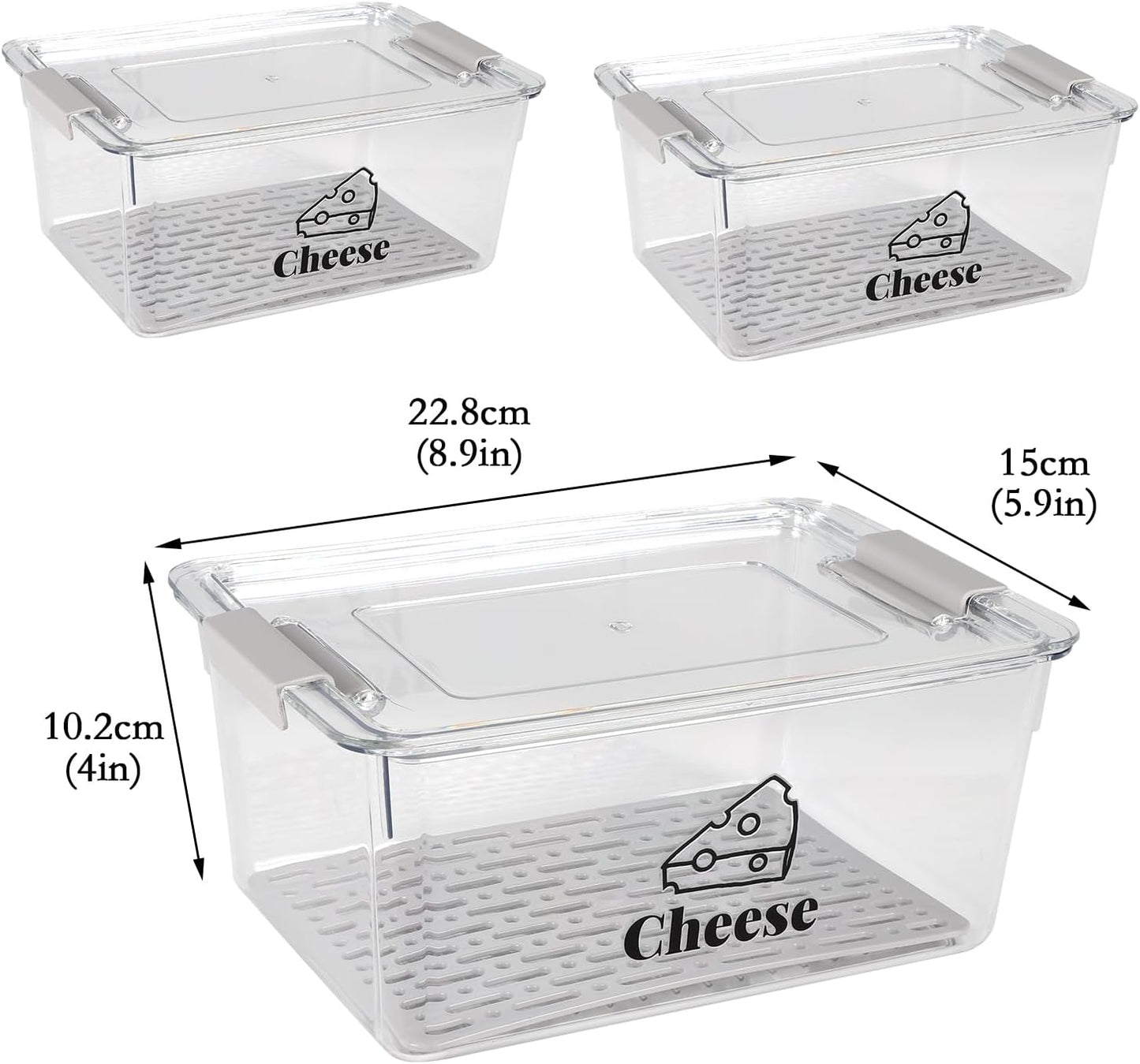 Yomjarl 3 Pack Cheese Container Airtight with Draining Basket Cream Block Cheese Sliced Cheeses Box with Lid Saver