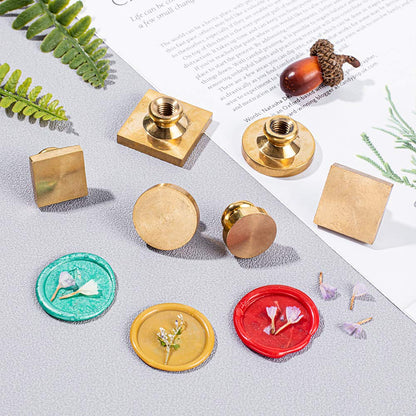 CRASPIRE Blank Wax Seal Stamp Set 6PCS Sealing Solid Brass Stamp Head 20-30.5mm Round Square+2PCS Wood Handle Retro Removable Brass Stamp Kit for Letter Envelope Invitation Wedding Gift Decoration