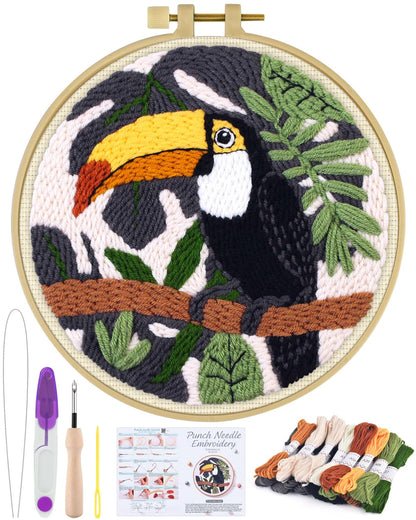 ERKOON Punch Needle Kit for Beginners Adults, DIY Easy Animals Embroidery Set for Starter Art Craft, Needling Punch Project with Patterns, Tools, Yarns, Hoop, Instruction (Crow)