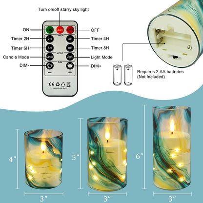 NjaoHoo Flickering Flameless Candles, Recessed String Light LED Candles 3D Wick Acrylic Battery Operated LED Pillar Candles with Remote and Timer for Modern Simple Home Decor Set of 3(Marble Printed)