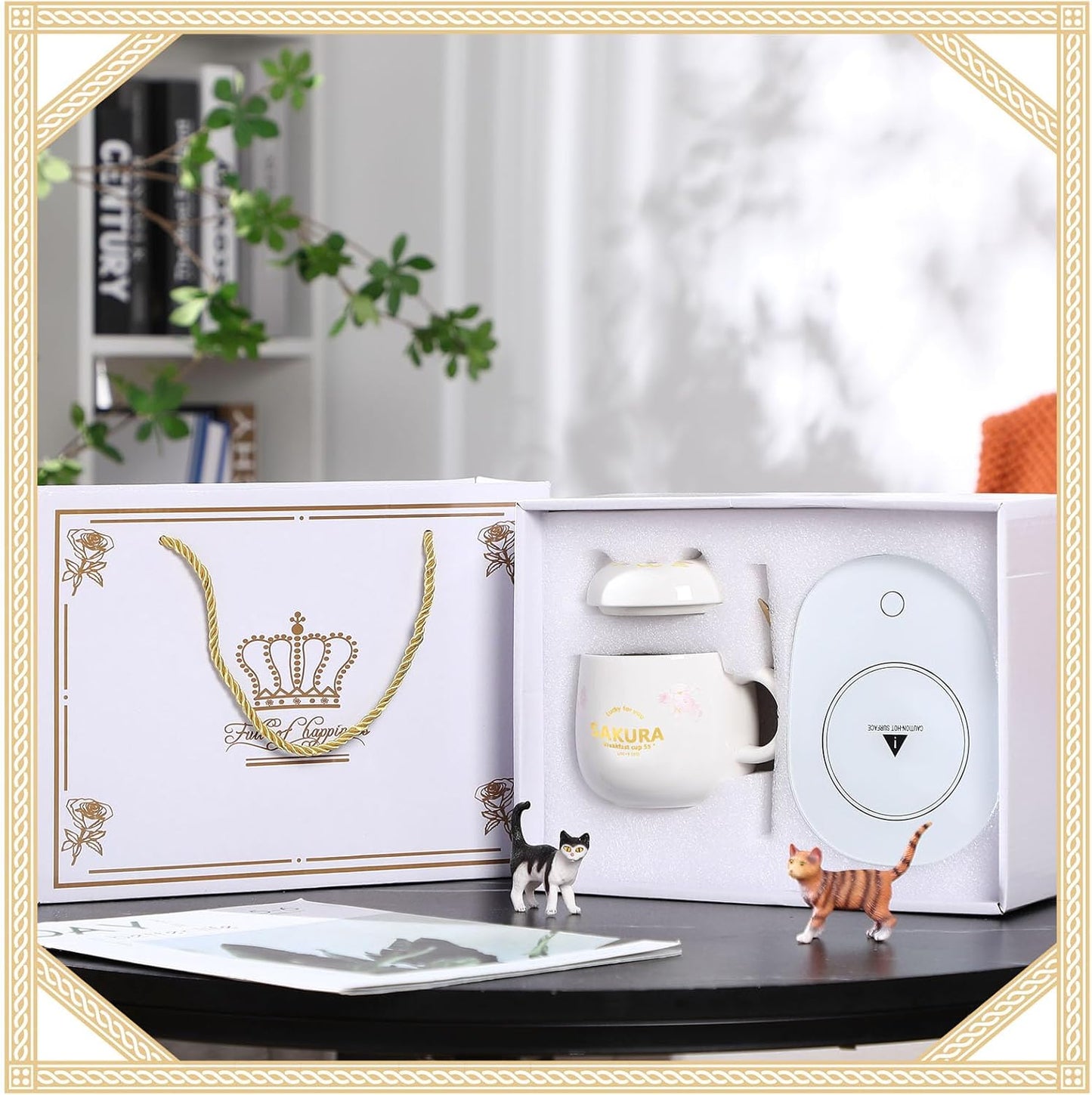 Cute Cat Smart Coffee Warmer with Mug for Women, Electric Coffee Mug Heater, Temperature Control, Ceramic, White, Gift