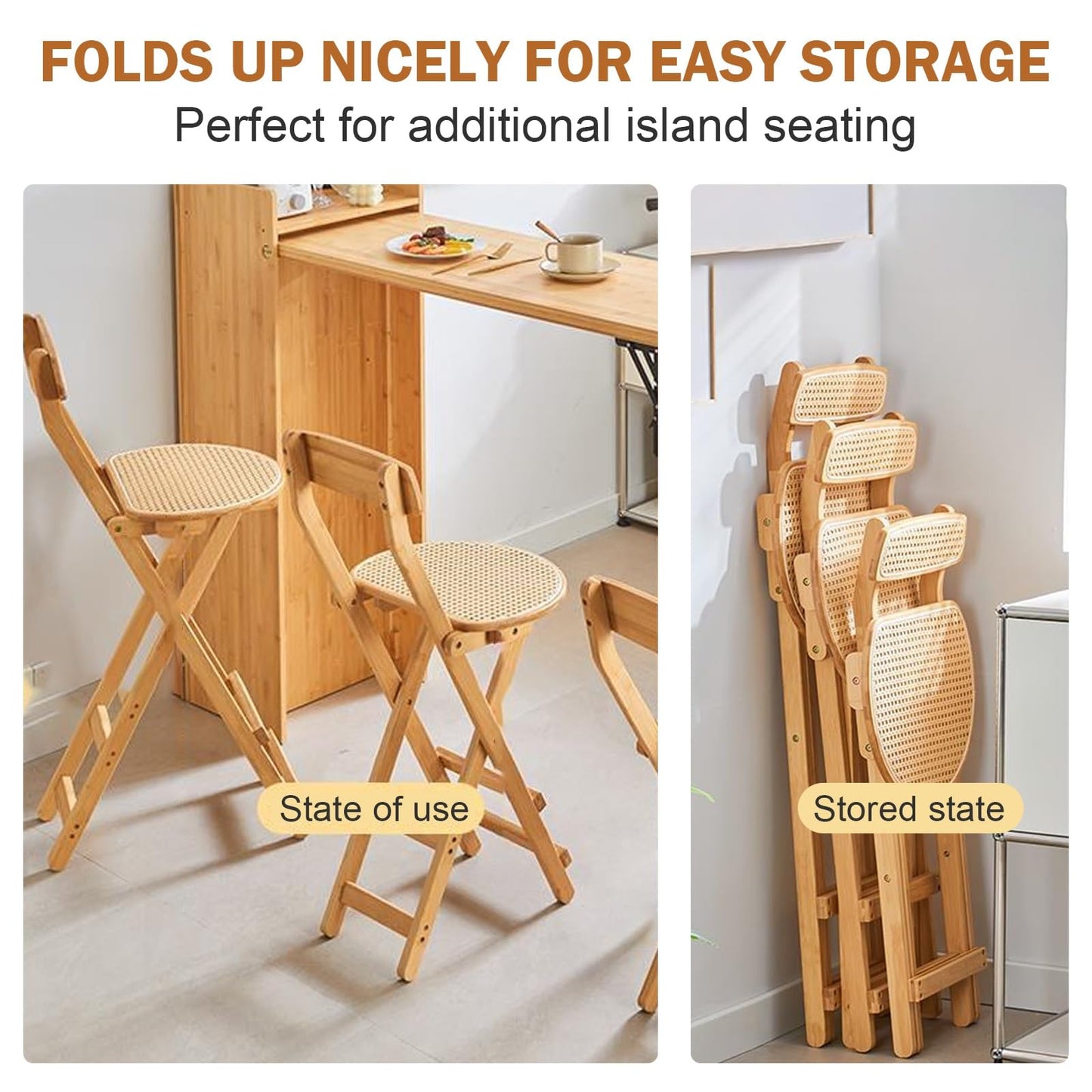 Folding Chairs, Kitchen Island Stools, Comfortable Bamboo Folding Chair with Backrest and Footrest, Counter Stool for Events Office Wedding Party Picnic Kitchen