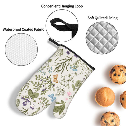 Vintage Floral Oven Mitts and Pot Holders Sets of 3 Cute Botanic Hot Pads Herbs and Wild Flowers Oven Gloves Heat Resistant Washable for Kitchen Cooking Grilling Baking