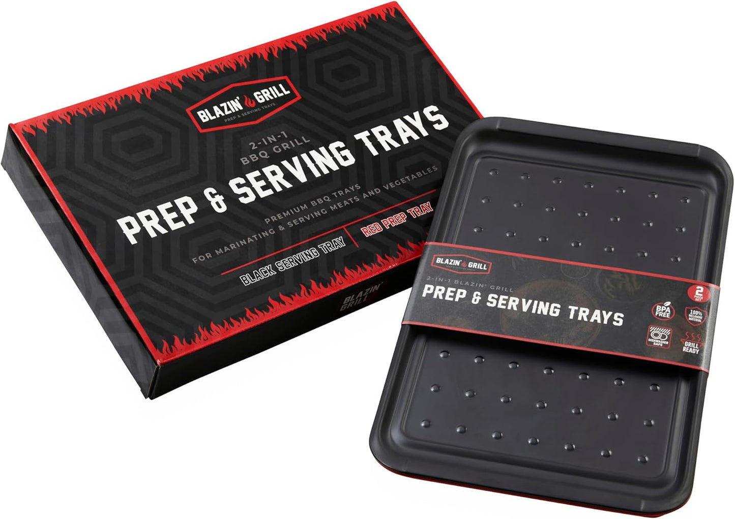 BLAZIN' GRILL Prep and Serve Trays, Set of 2 Stackable Melamine Trays for Serving and Marinating Food, BBQ Prep Tub