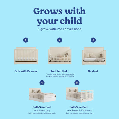 Graco Sasha 5-in-1 Convertible Crib with Drawer – GREENGUARD Gold Certified Wood Crib, Converts to Toddler Bed, Daybed, Full-Size Bed, Stylish Classic Design (Frosted Oat)