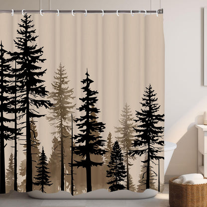 LKFBSC Farmhouse Forest Shower Curtain, Pine Trees Retro Vintage Misty Woodland Fabric Shower Curtains Set, Nature Cabin Cottage Rural Bathroom Curtains with Hooks, Brown Black 72x72inch