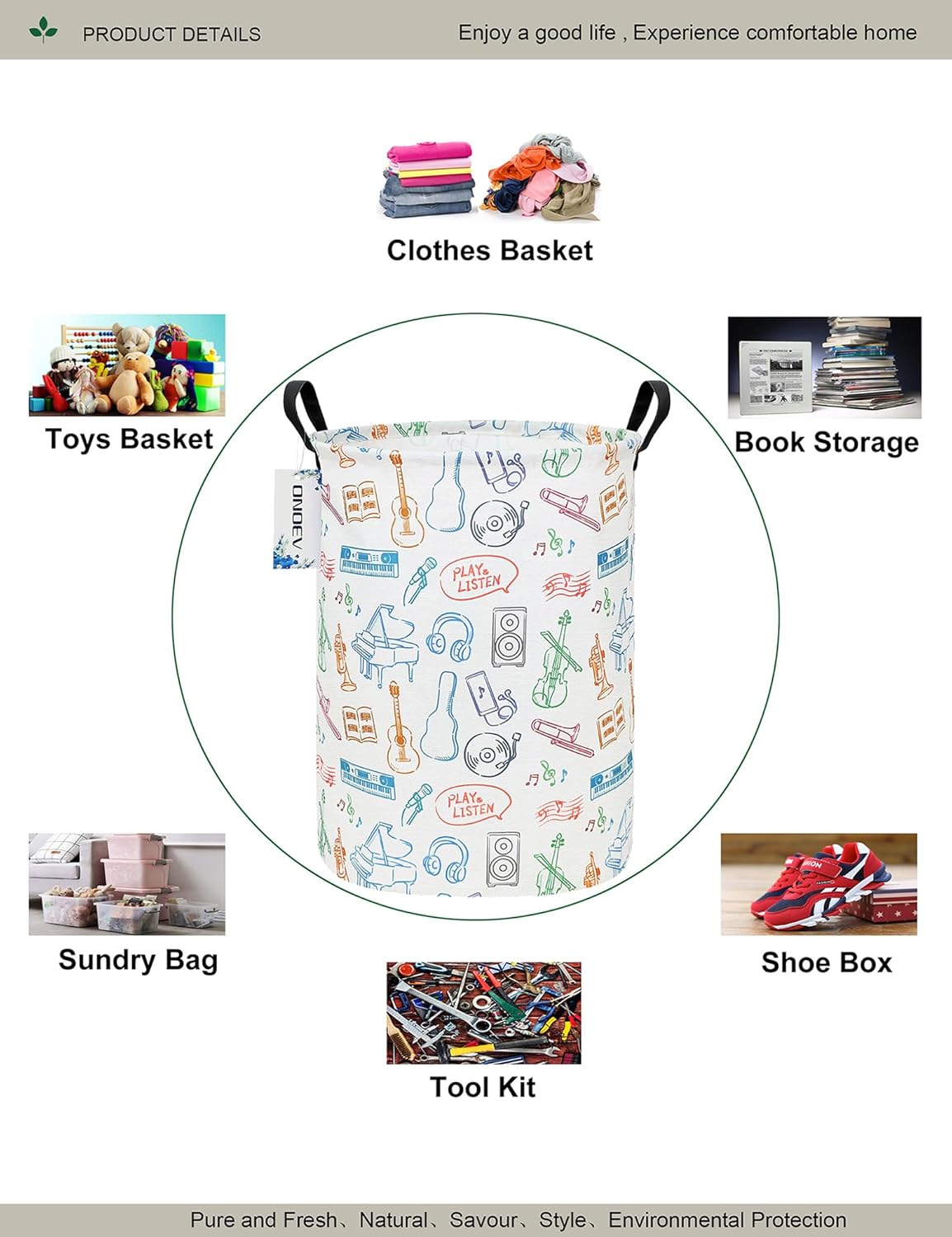 ONOEV Round Waterproof Laundry Basket,Gift Basket,Suitable for Children's Room and Toy Storage(Musical instrument)