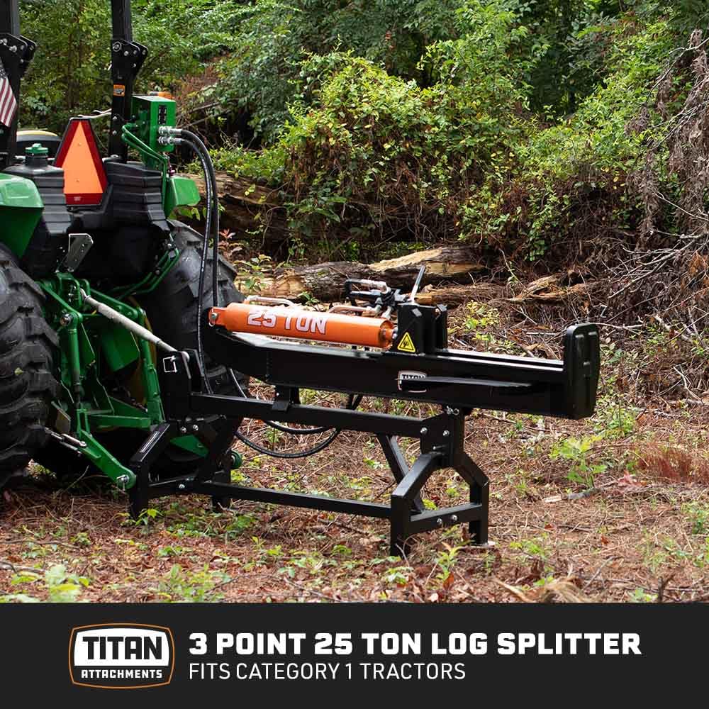 Titan Attachments 3 Point 25 Ton Hydraulic Log Splitter for Cat 1 Tractors, Horizontal & Vertical Wood Splitter, 2,500 PSI Max Pressure, Splits Logs up to 25" x 8.5", Auto Return Valve