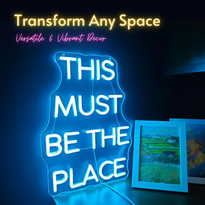 15.8" This Must Be The Place LED Neon Sign - Blue, Dimmable Light for Home, Bedroom, Cafe, Bar Wall Decor - Energy-Efficient Neon Light with Installation Kit - Perfect for Weddings and Birthdays
