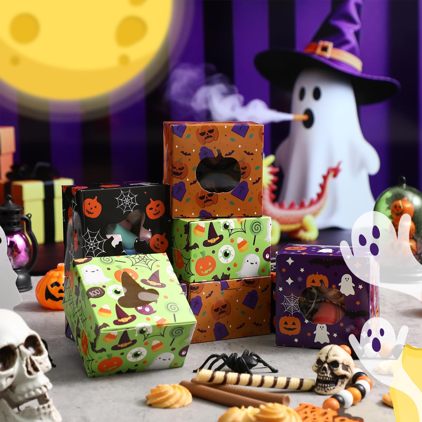 LemonRoad 48 Pcs Halloween Cookie Boxes with Window Pumpkin Witch Ghosts Spider Paper Treat Boxes for Cookies Candy or Small Cupcake Wrapping in Halloween Party Supplies