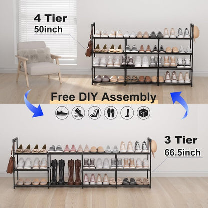 DYJIEKAI 3 Row 4 Tier Long Shoe Rack, Black Metal Stackable Shoe Shelf with Multifunctional Hooks, Shoe Storage Hold 24-30 Pairs, Space Saving Shoe Organizer for Closet,Wide Shoe Rack