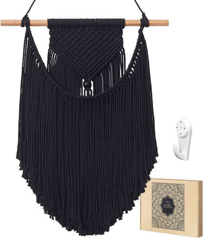 Black Macrame Wall Hanging - Handmade Boho Geometric Wall Decor for Apartment Bedroom Living Room (14" W x 18.5" L)