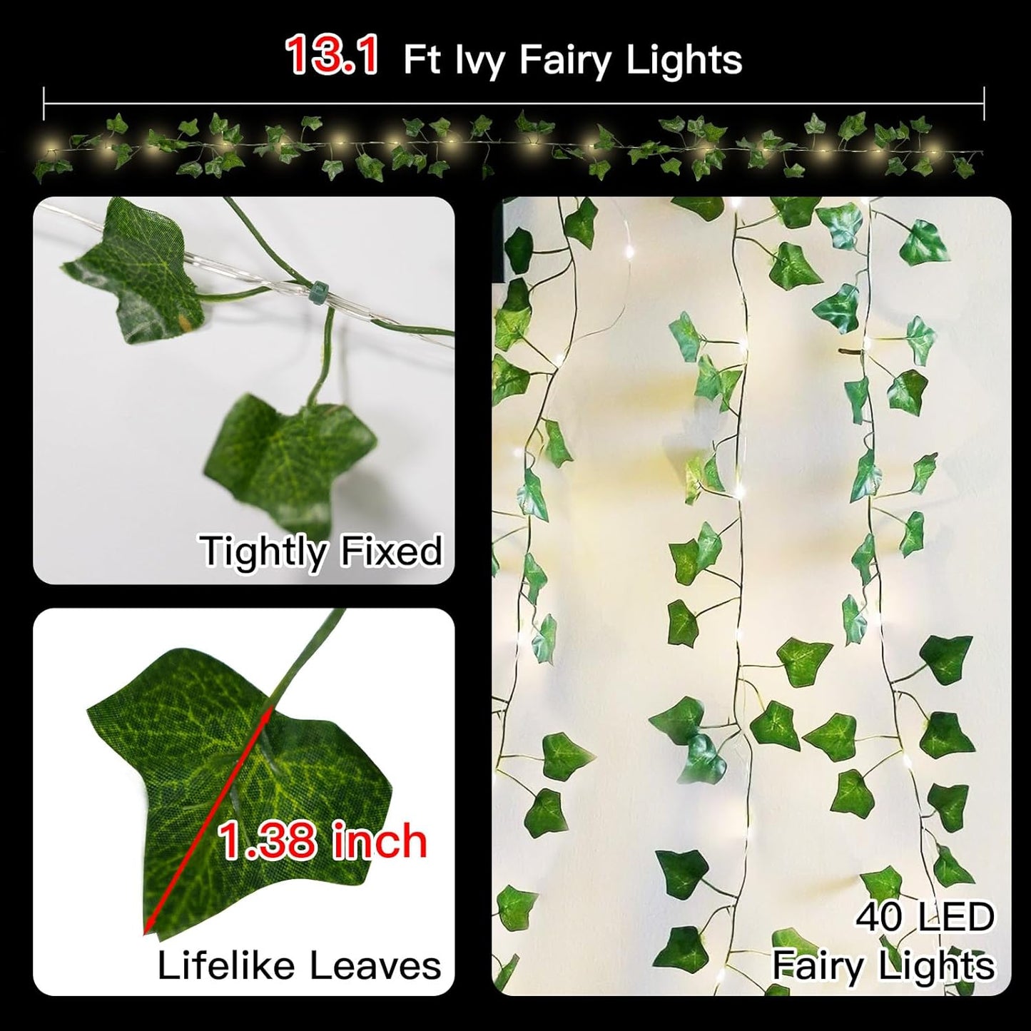 13.1ft 40 suddus Vine with Fairy Lights Battery Operated, LED Ivy String Light with Remote, Leaf Lights for Bedroom