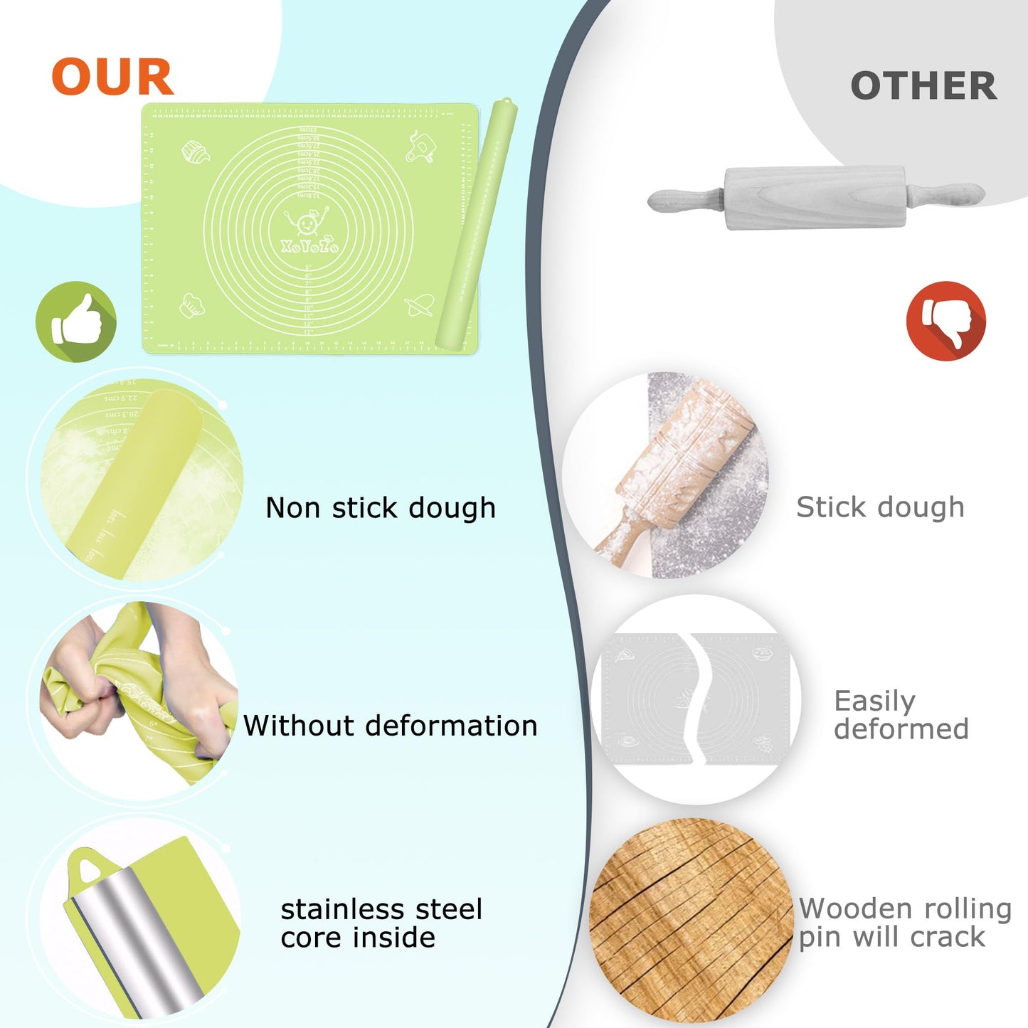 Rolling Pin Silicone Baking Pastry Mat Set,Pizza Dough Roller Baking Mat for Rolling Dough Non Slip Extra Large with Measure,Kitchen Counter Mat for Pie,Crust,Cookies,Bread,Pastries,Pasta, 15.7" x 24"