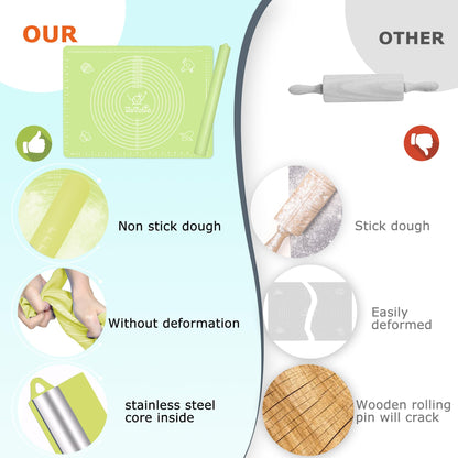 Rolling Pin Silicone Baking Pastry Mat Set,Pizza Dough Roller Baking Mat for Rolling Dough Non Slip Extra Large with Measure,Kitchen Counter Mat for Pie,Crust,Cookies,Bread,Pastries,Pasta, 15.7" x 24"