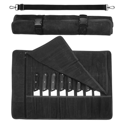 Chef Knife Roll Bag,Waxed Canvas Knife Travel Case,Heavy Duty Professional Knife Carrier Storage Holder with 10 Slots,Portable Kitchen Culinary Tool Organizer for Men,Fits up to 18.8”Knives.Black