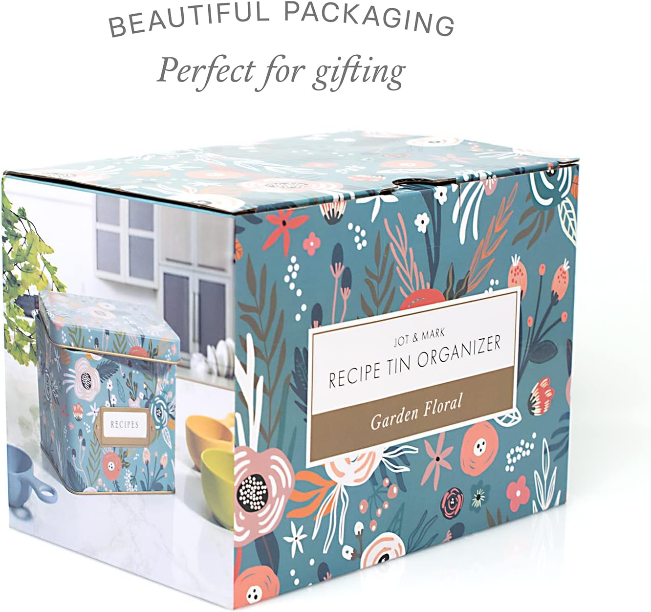Jot & Mark Decorative Recipe Tin Box for Recipe Cards, Greeting Card Holder, Holds Hundreds of 4” x 6” Cards