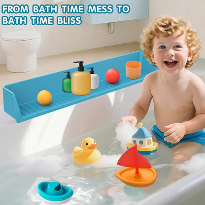 IwelKee Bathtub Splash Guard for Tub Kids, Longer Silicone Water Splash Guard for Bathtub, Toy Holder Play Shelf